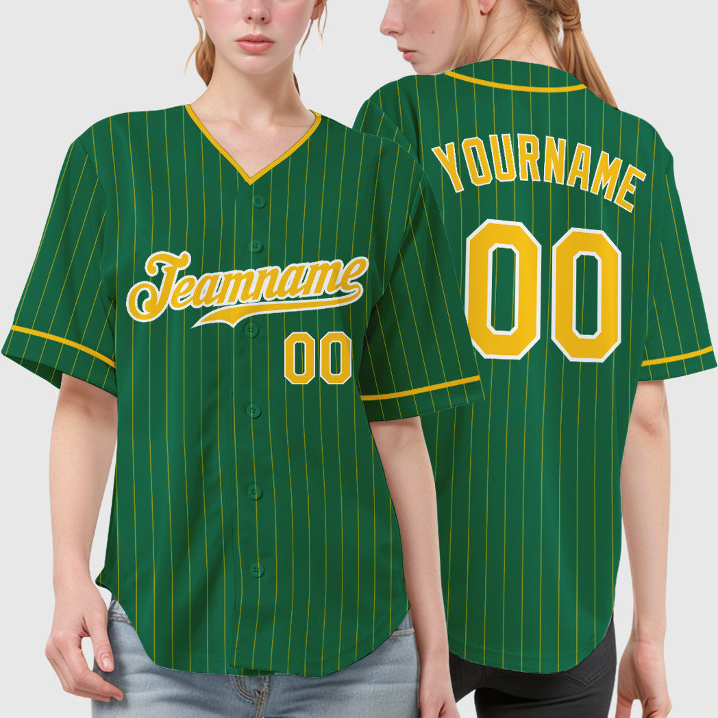 Custom Kelly Green Gold Gold-White Pinstripe Baseball Jersey