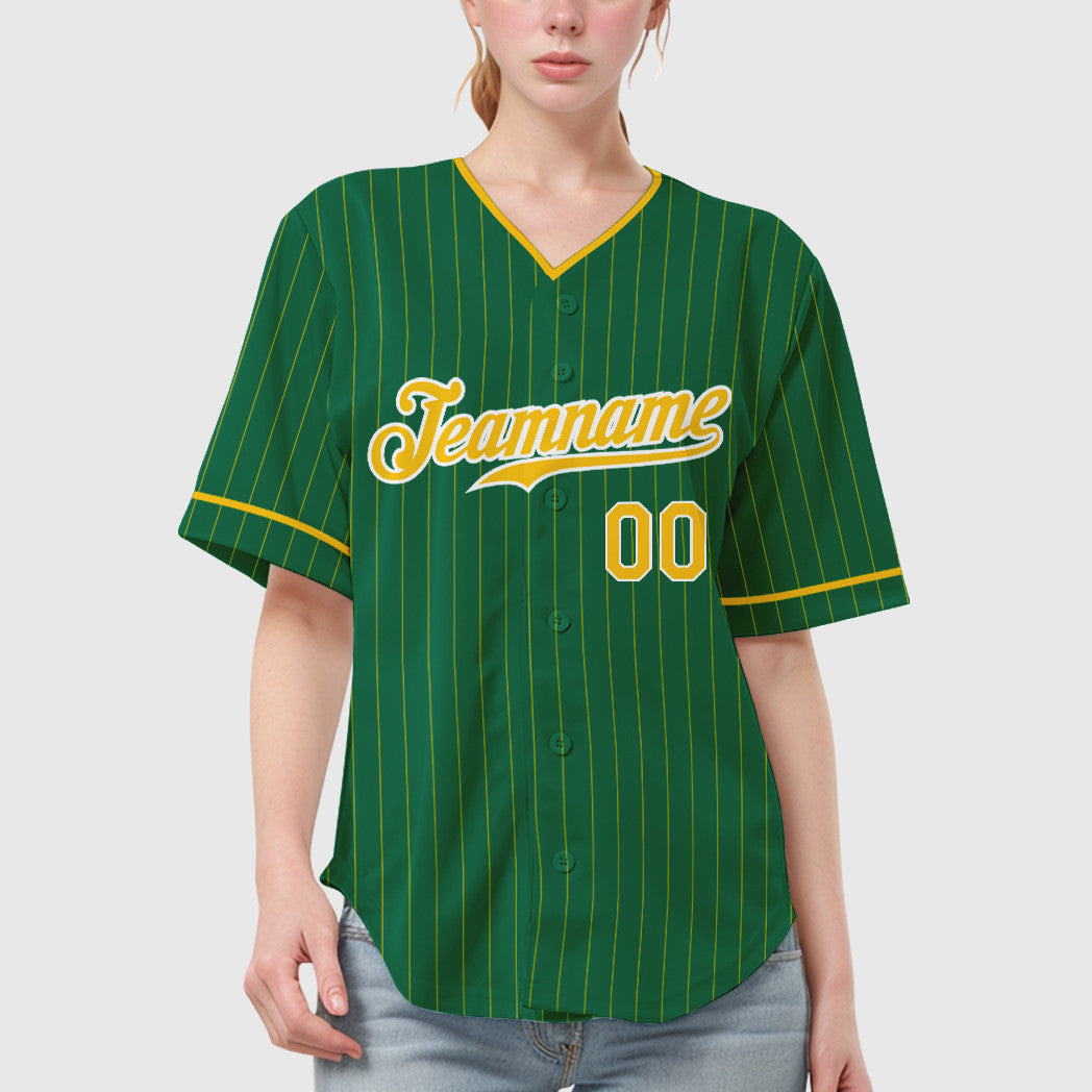 Custom Kelly Green Gold Gold-White Pinstripe Baseball Jersey
