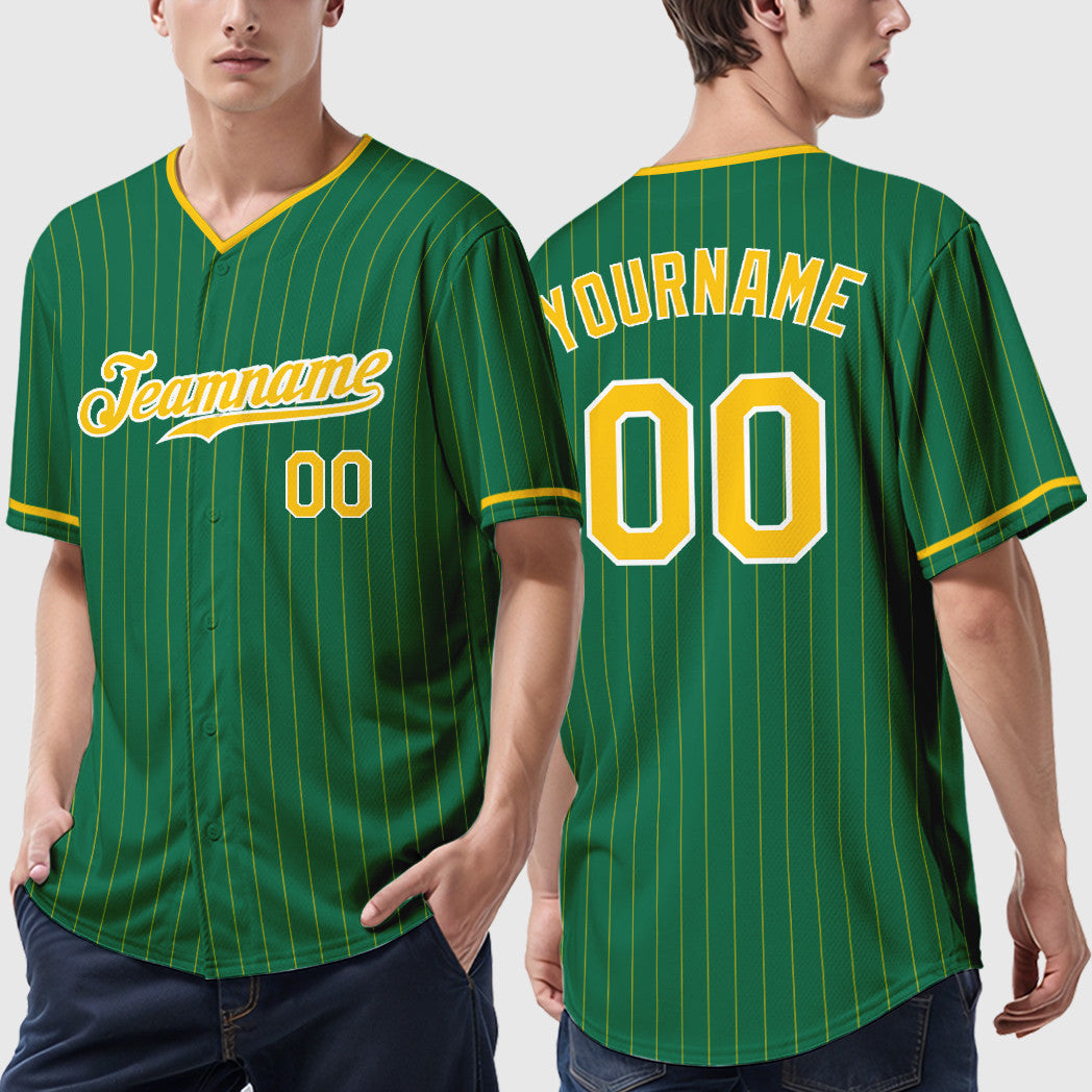 Custom Kelly Green Gold Gold-White Pinstripe Baseball Jersey