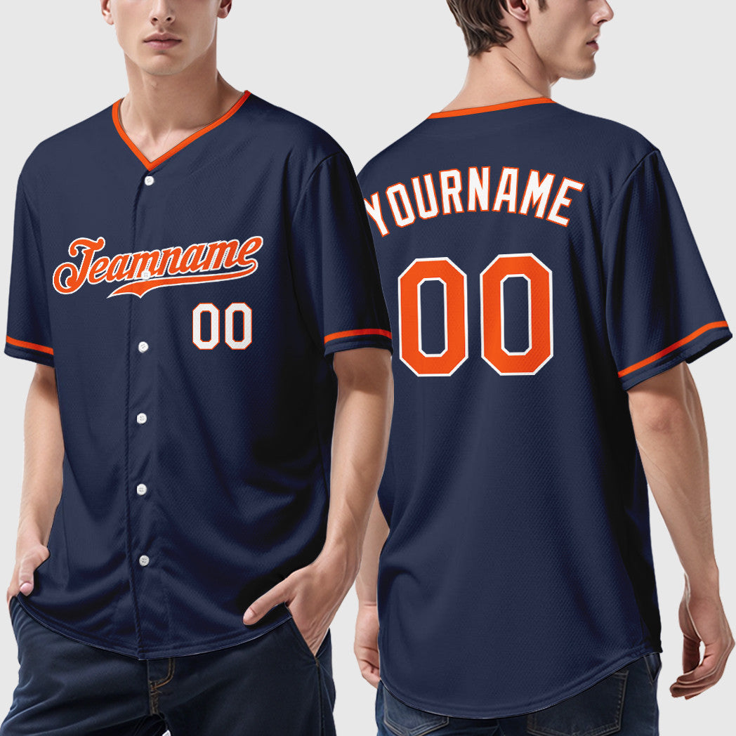 Custom Navy Orange Orange-White Collar Sleeve Baseball Jersey
