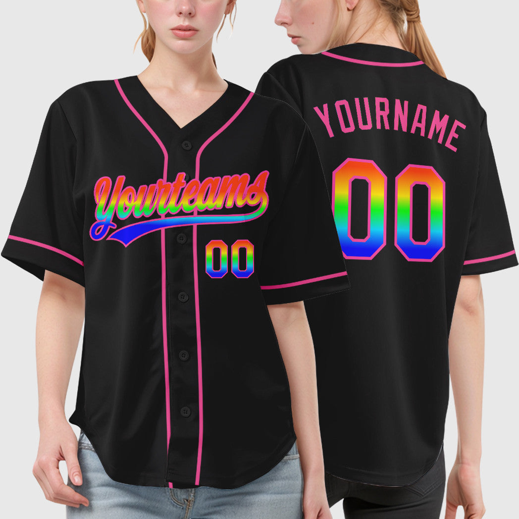 Custom Black White Rainbow-Pink 3D Sleeve Baseball Jersey