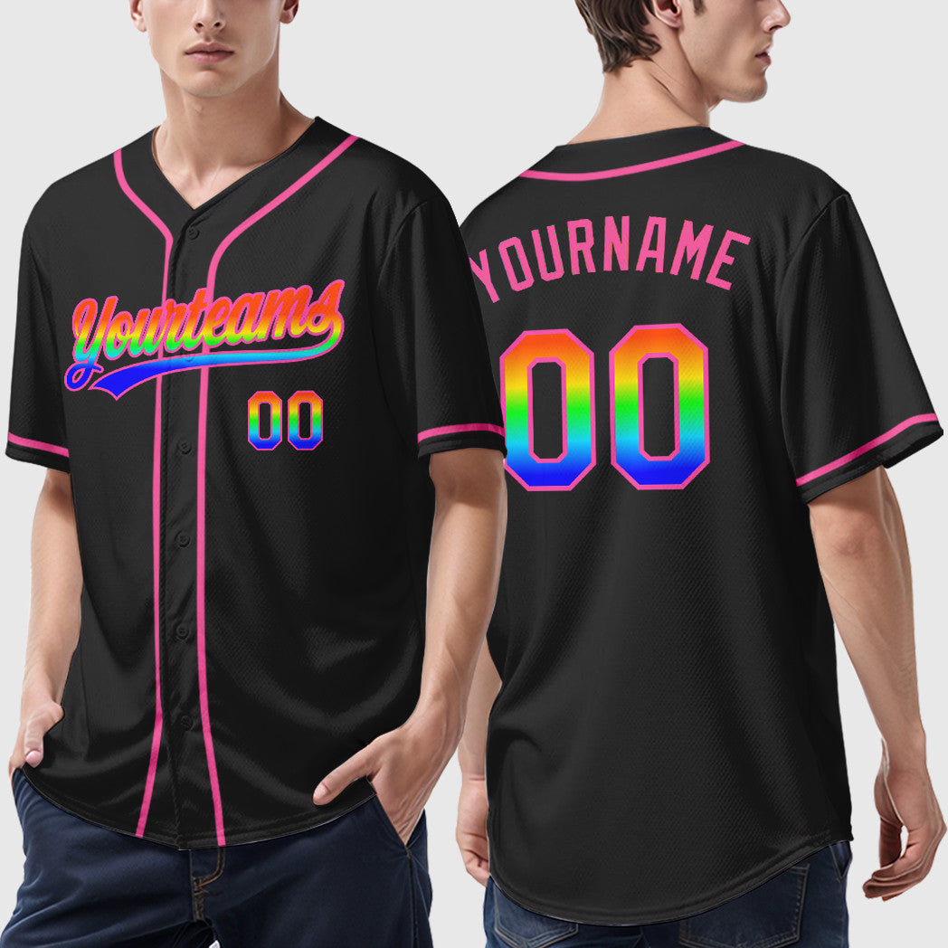Custom Black White Rainbow-Pink 3D Sleeve Baseball Jersey