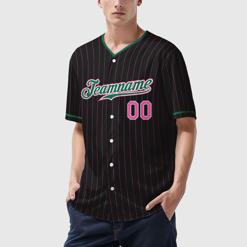 Custom Black Pink Pink-Kelly Green Pinstripe Baseball Jersey