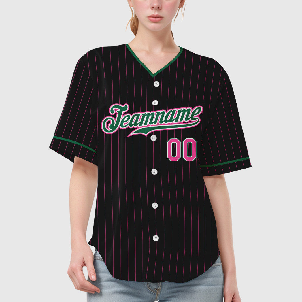 Custom Black Pink Pink-Kelly Green Pinstripe Baseball Jersey
