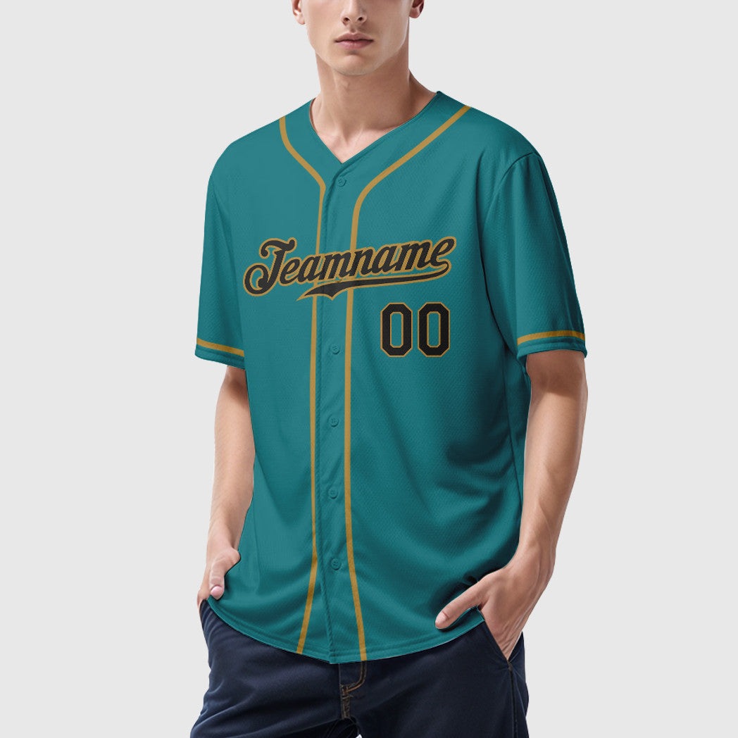 Custom Teal Black Black-Old Gold Sleeve Baseball Jersey