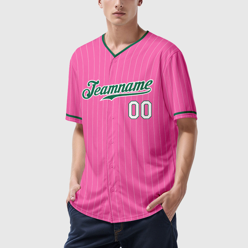 Custom Pink White Kelly Green-White Pinstripe Baseball Jersey