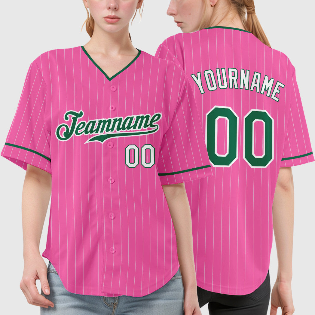 Custom Pink White Kelly Green-White Pinstripe Baseball Jersey