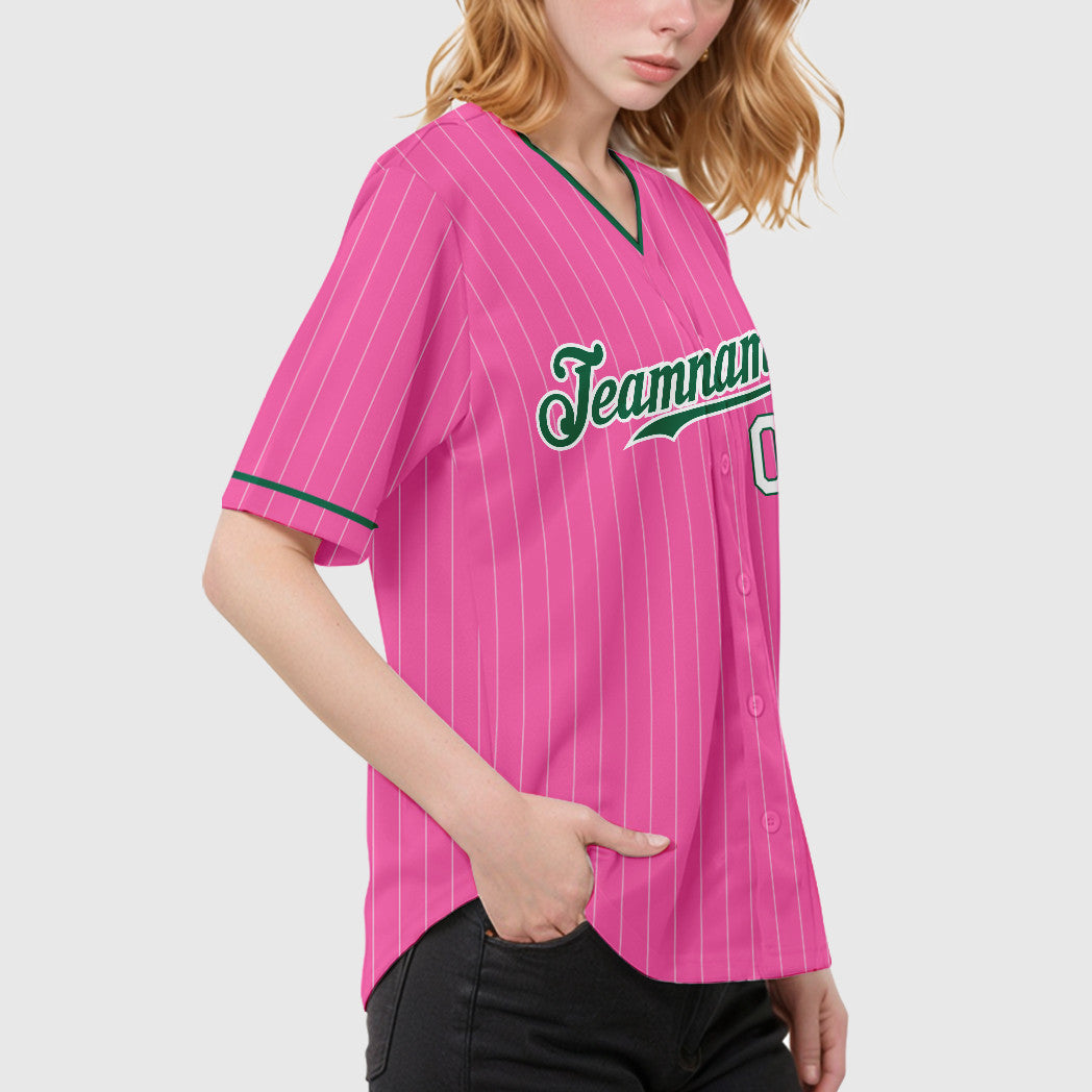 Custom Pink White Kelly Green-White Pinstripe Baseball Jersey