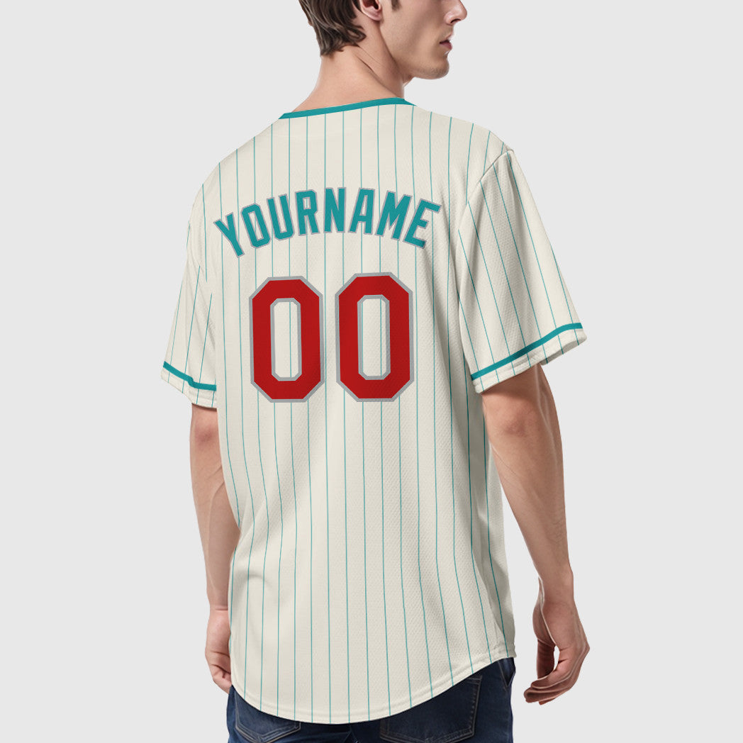 Custom Cream Teal Red Teal-Gray Pinstripe Baseball Jersey