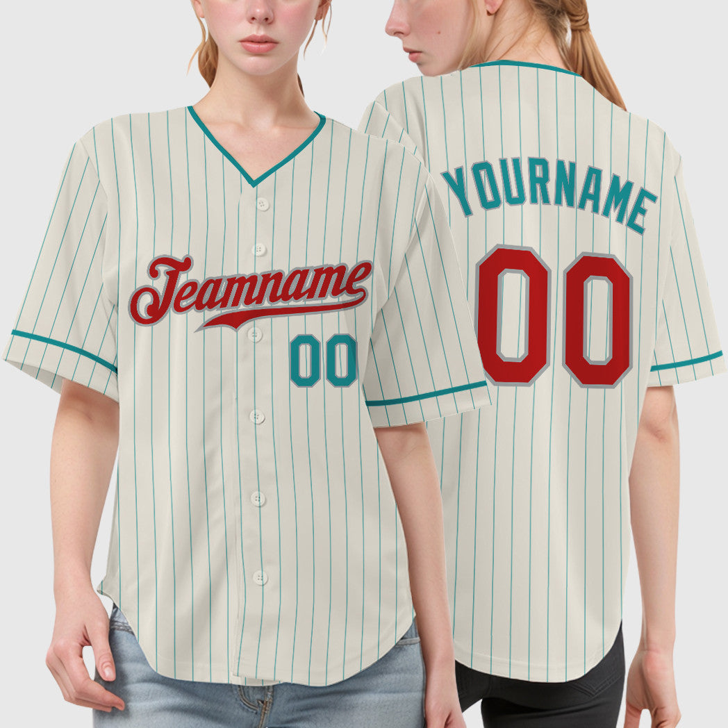 Custom Cream Teal Red Teal-Gray Pinstripe Baseball Jersey