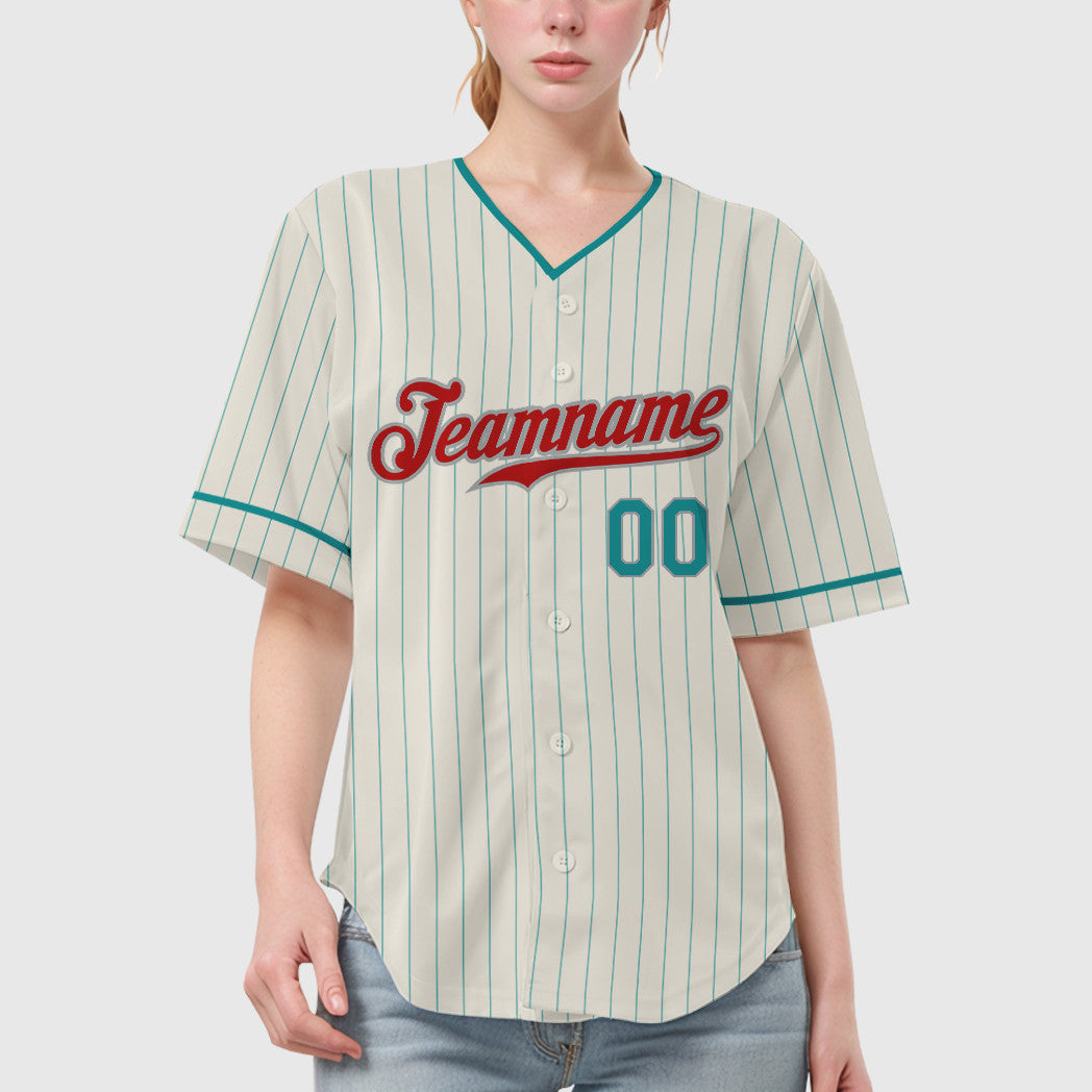 Custom Cream Teal Red Teal-Gray Pinstripe Baseball Jersey