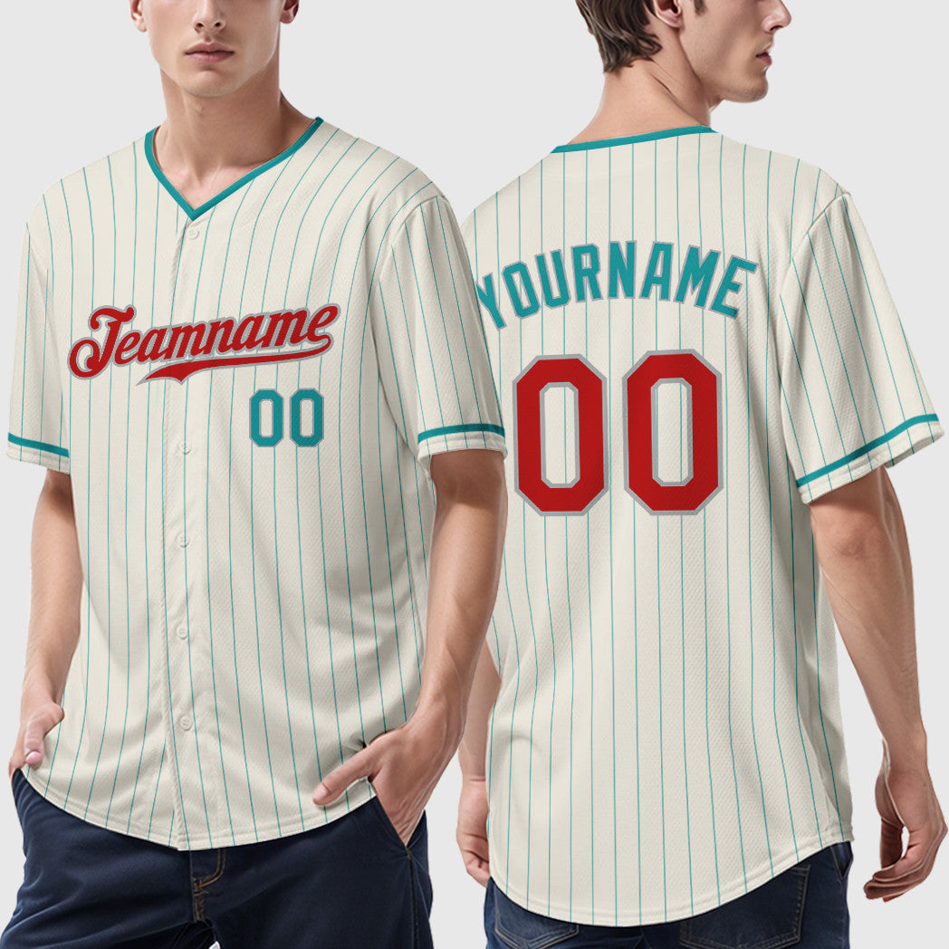 Custom Cream Teal Red Teal-Gray Pinstripe Baseball Jersey