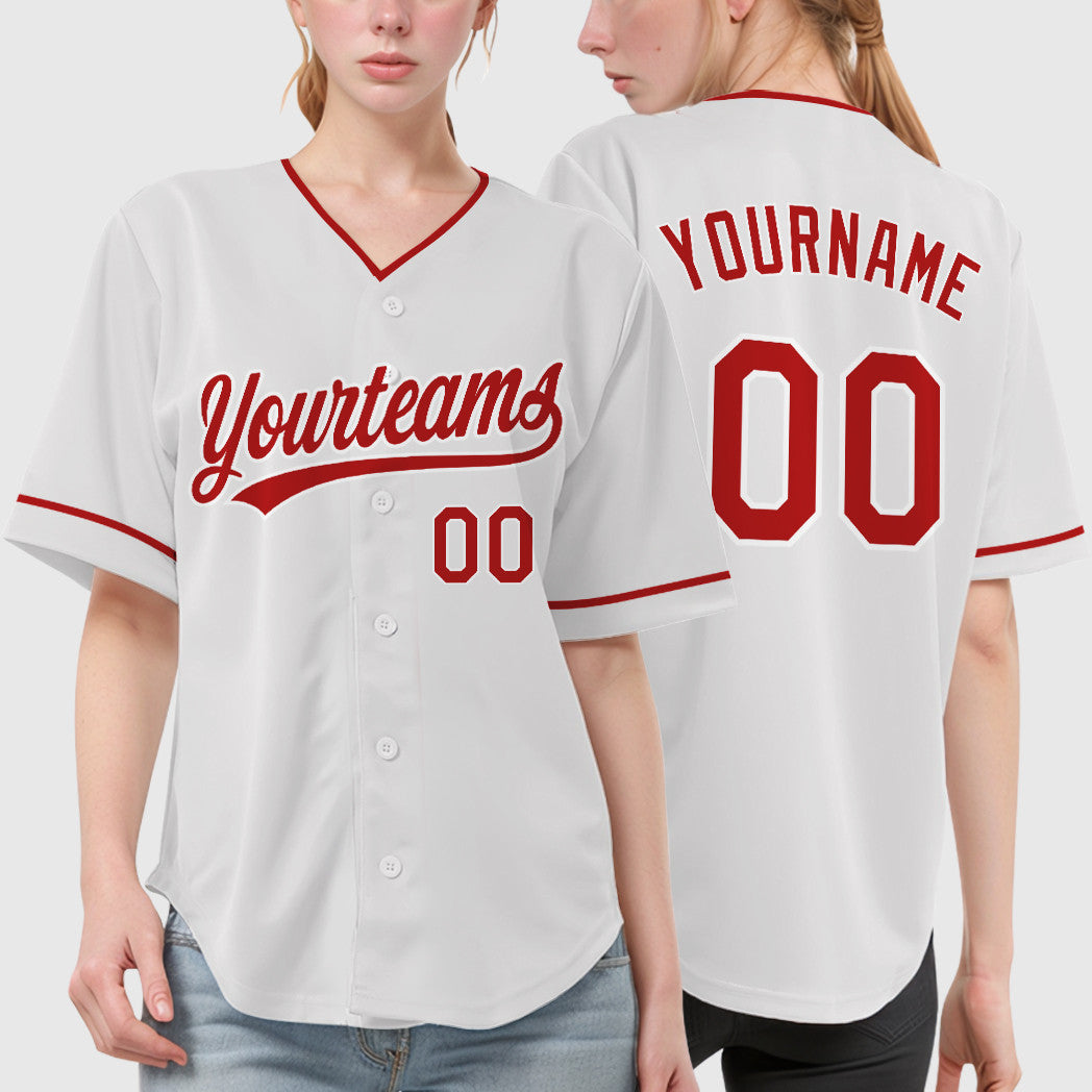 Custom White Red Red Collar Sleeve Baseball Jersey
