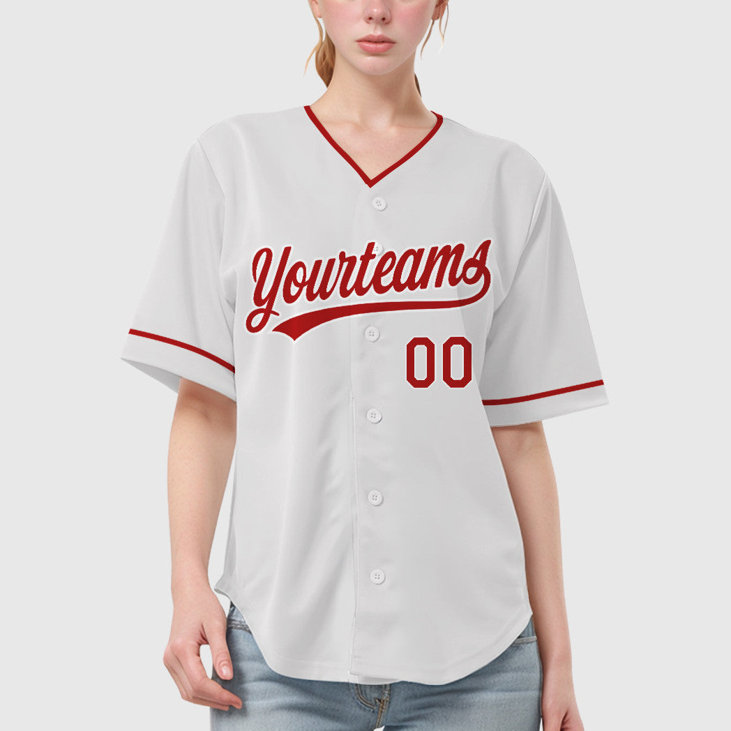 Custom White Red Red Collar Sleeve Baseball Jersey