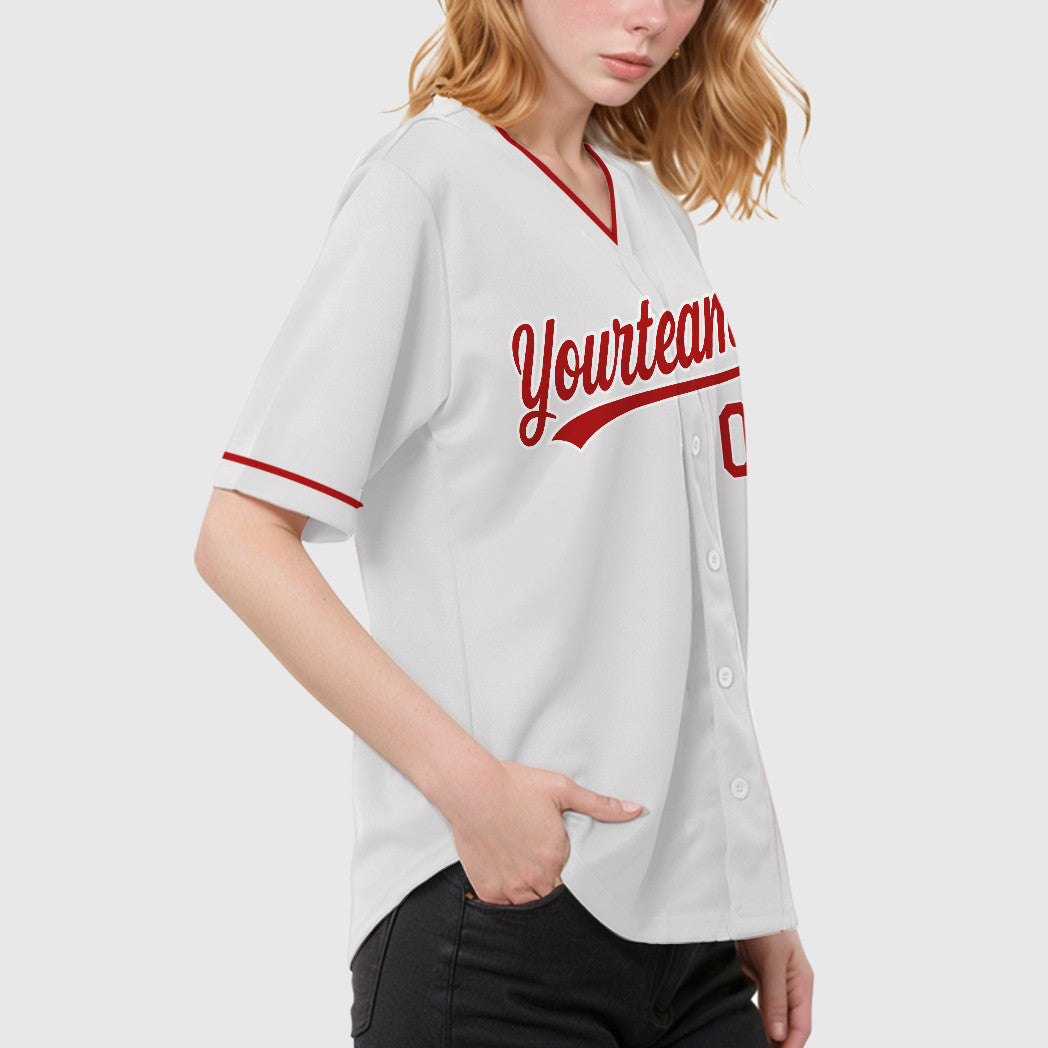 Custom White Red Red Collar Sleeve Baseball Jersey