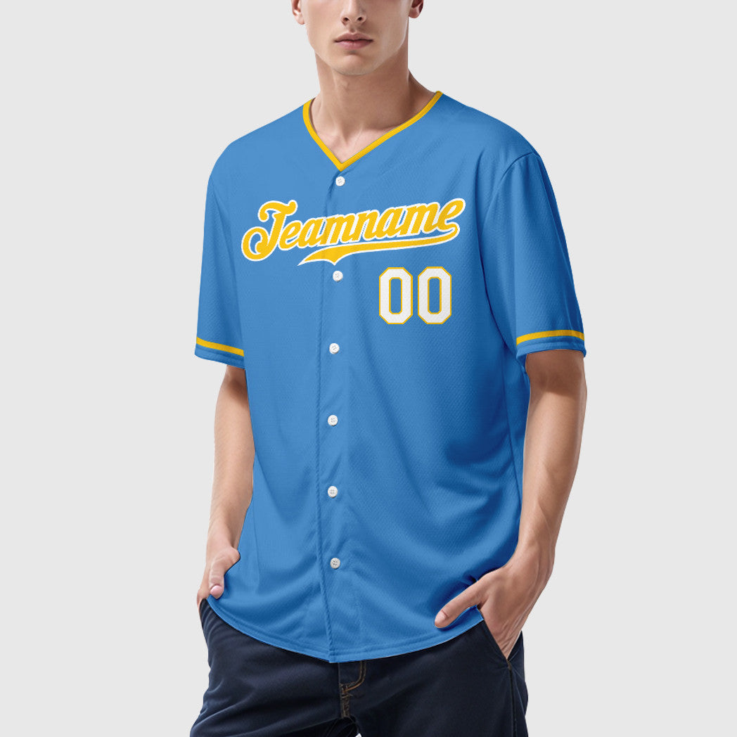 Custom Powder Blue White Gold-White Collar Sleeve Baseball Jersey
