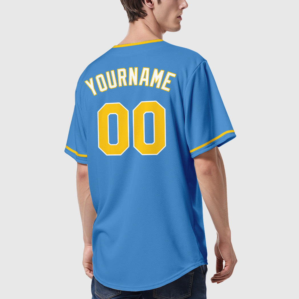 Custom Powder Blue White Gold-White Collar Sleeve Baseball Jersey