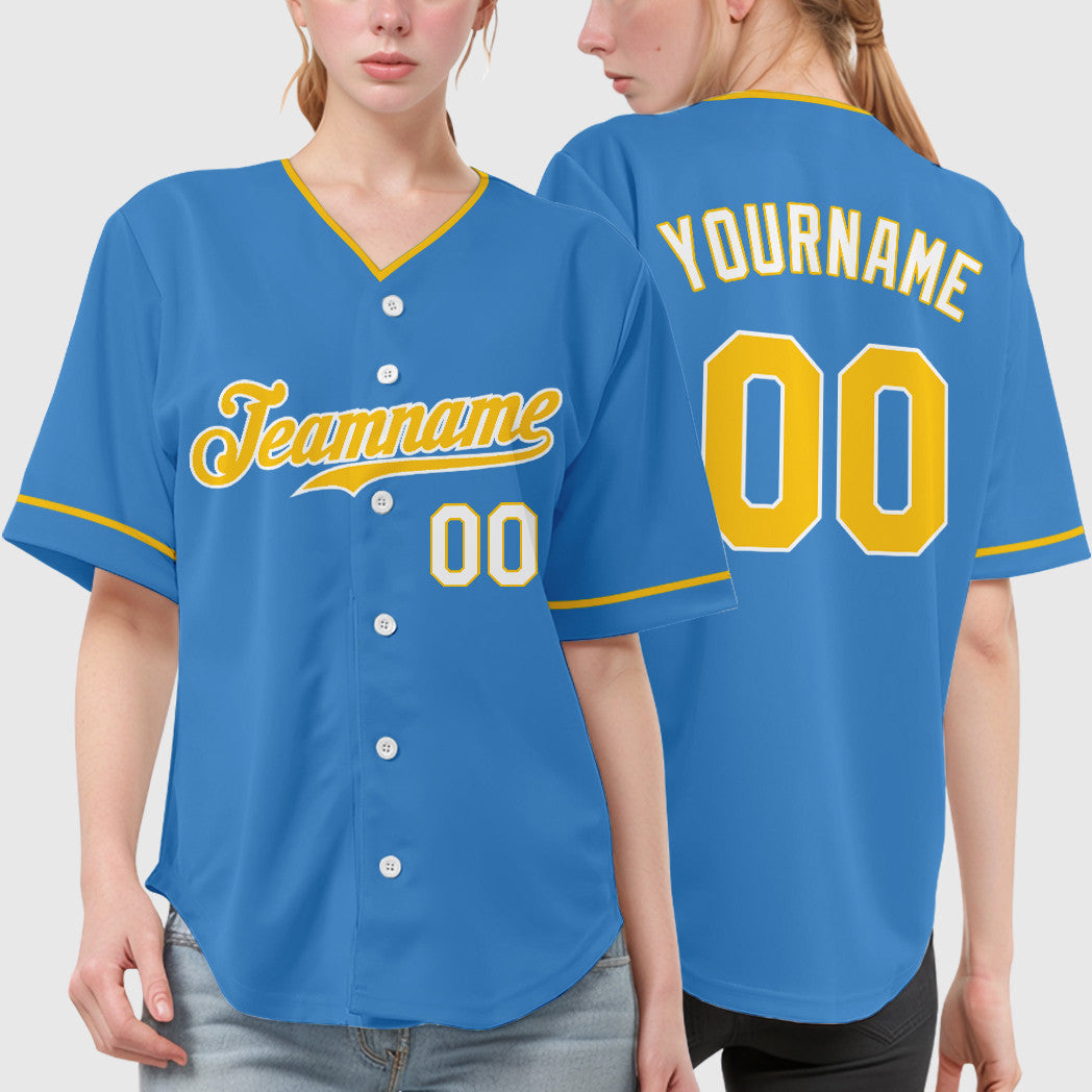 Custom Powder Blue White Gold-White Collar Sleeve Baseball Jersey