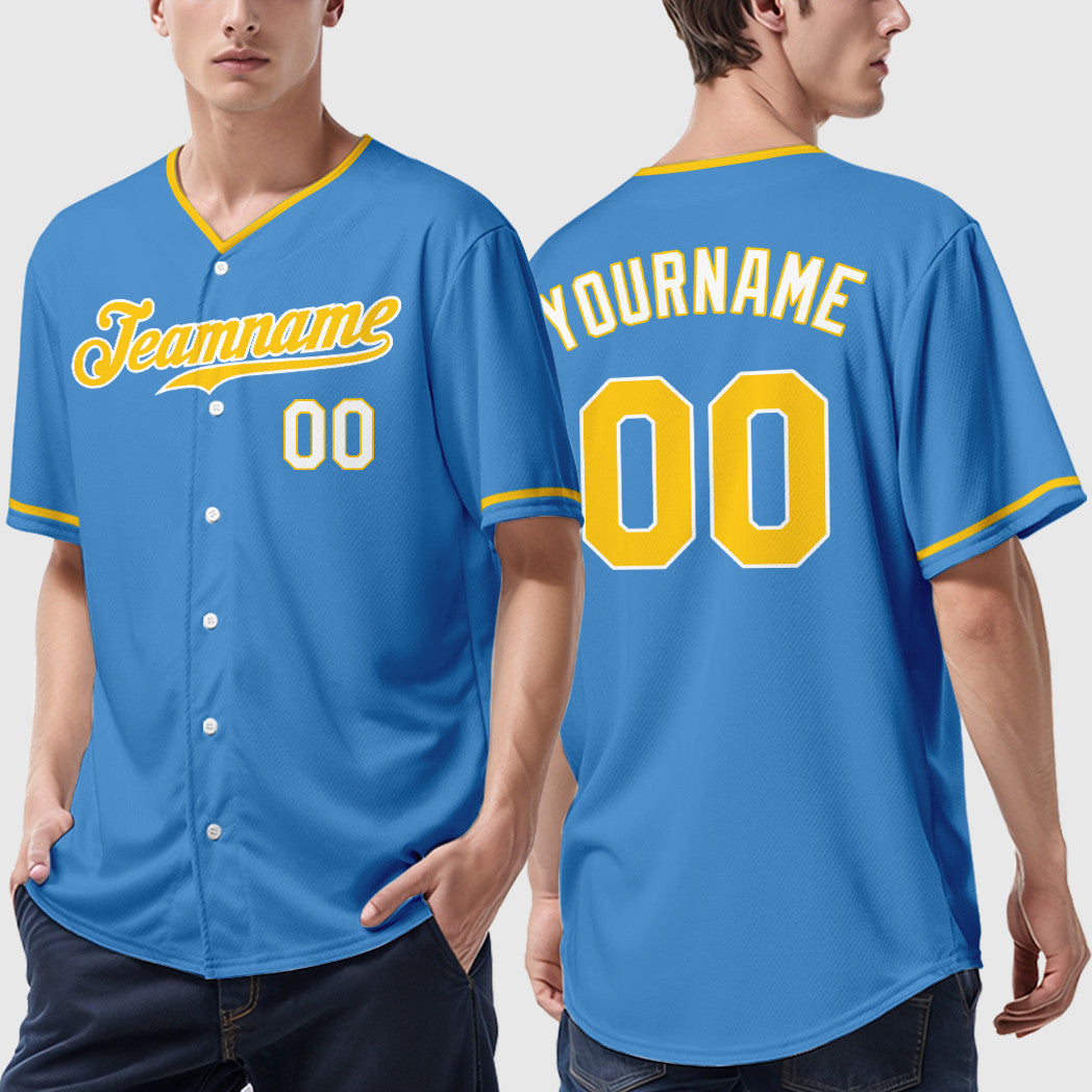 Custom Powder Blue White Gold-White Collar Sleeve Baseball Jersey