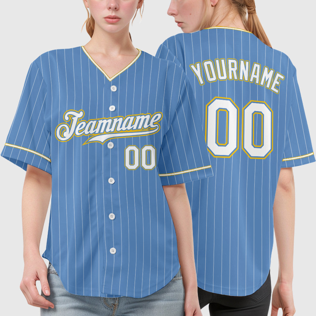 Custom Light Blue White White-Gold Pinstripe Baseball Jersey