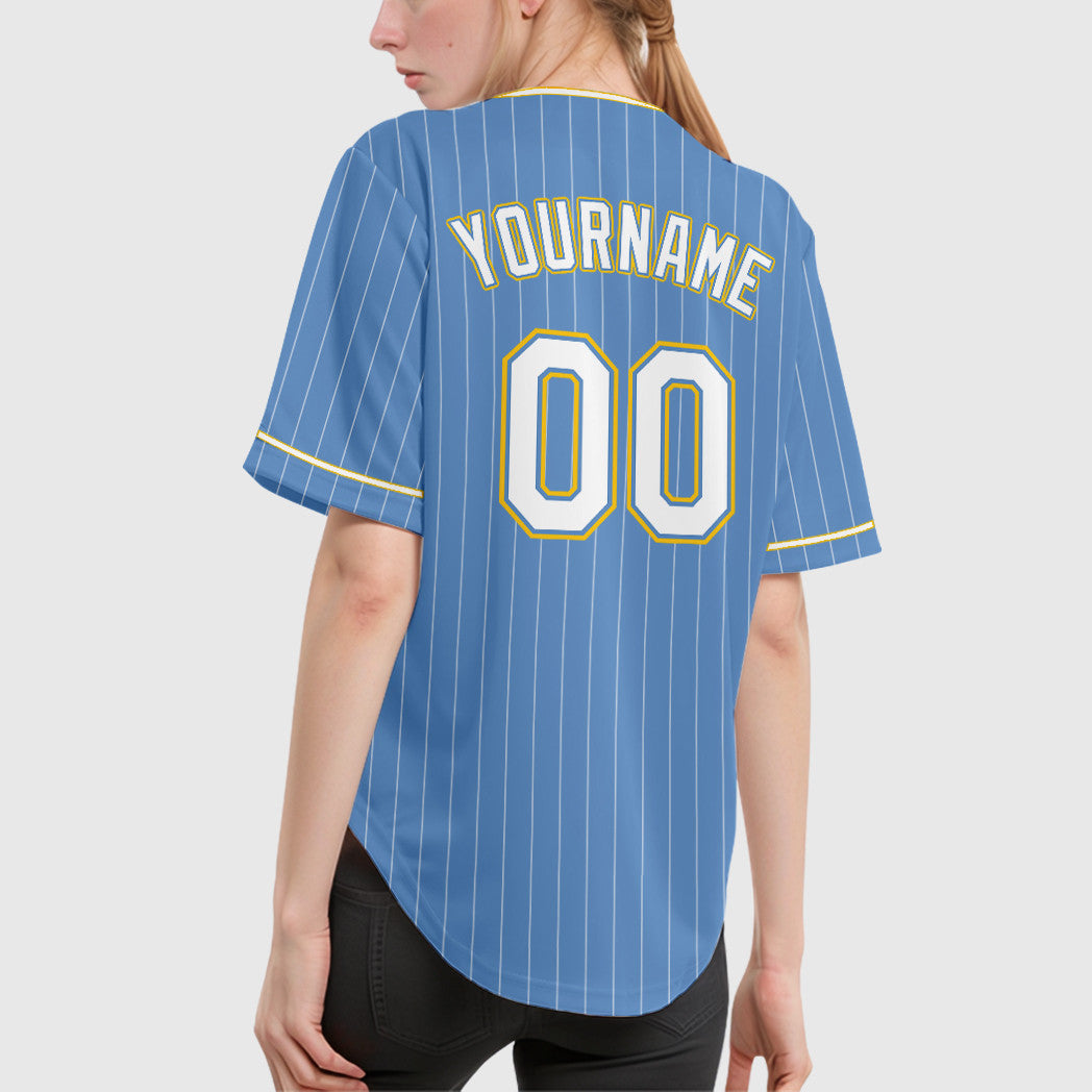 Custom Light Blue White White-Gold Pinstripe Baseball Jersey