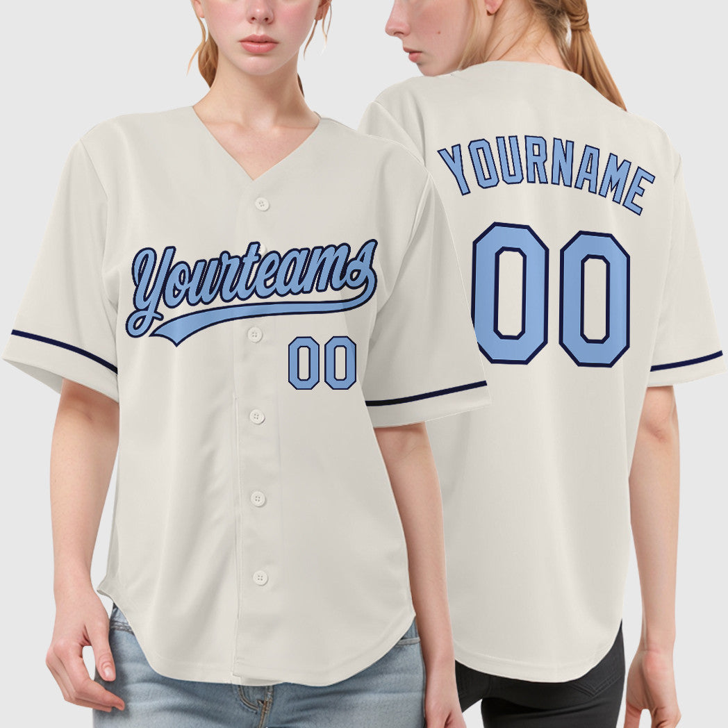 Custom Cream Light Blue Navy Baseball Jersey