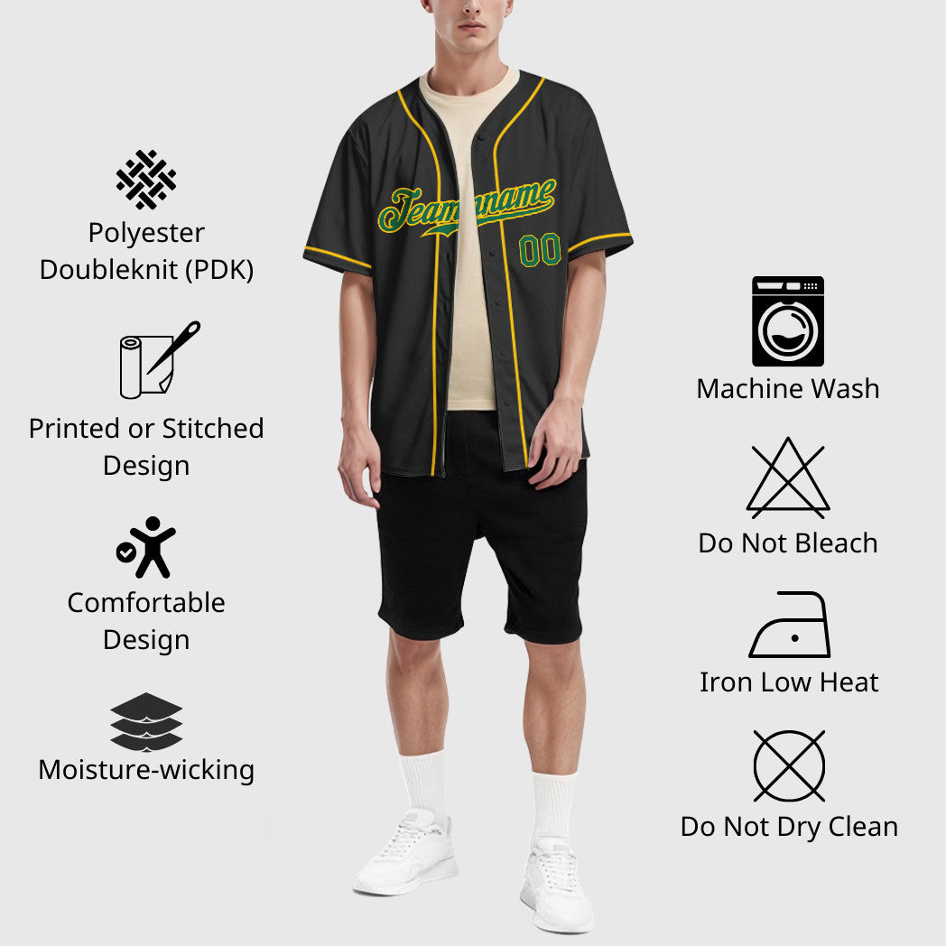 Custom Black Kelly Green Kelly Green-Gold Sleeve Baseball Jersey