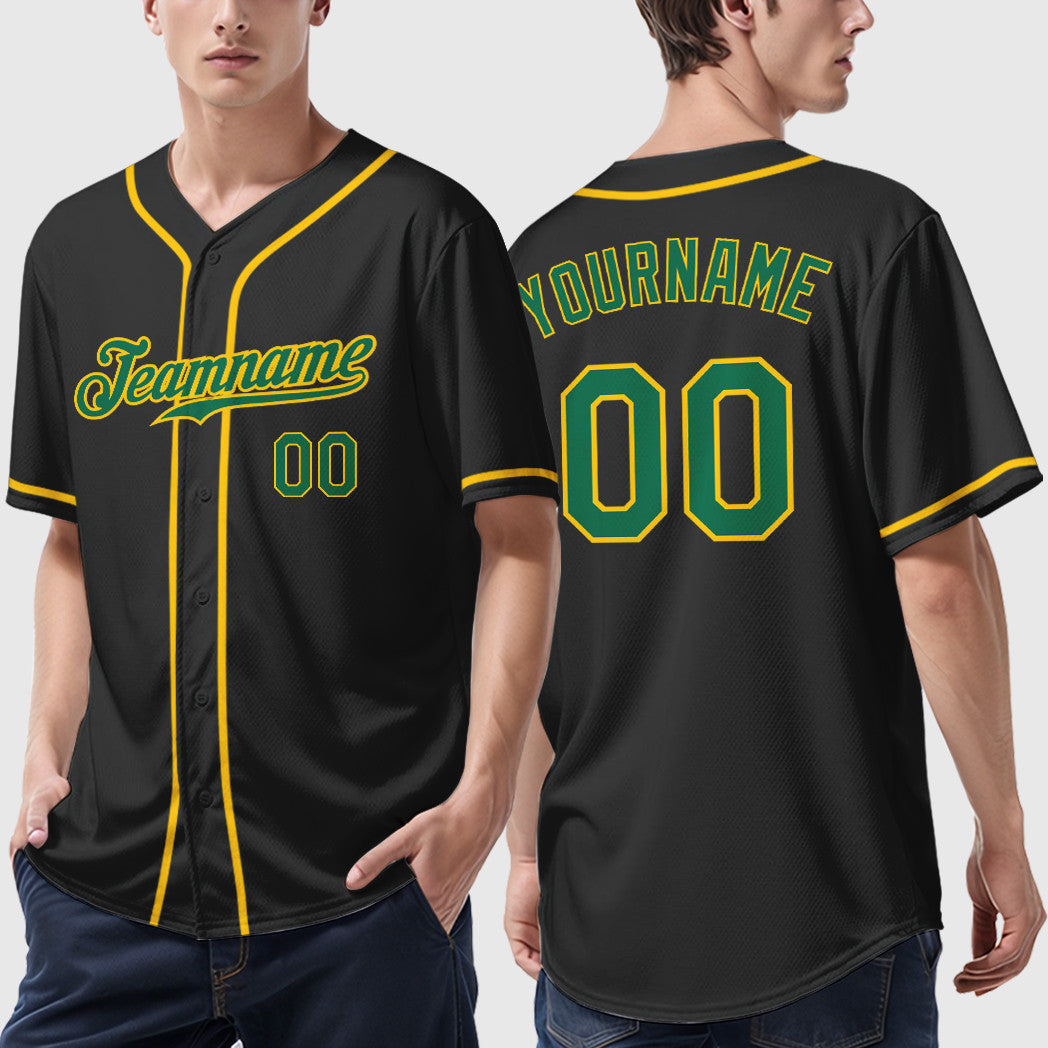 Custom Black Kelly Green Kelly Green-Gold Sleeve Baseball Jersey