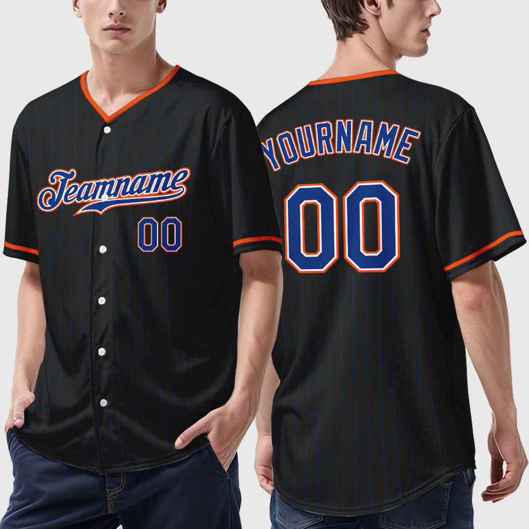 Custom Black Royal Royal-Orange Pinstripe Baseball Jersey