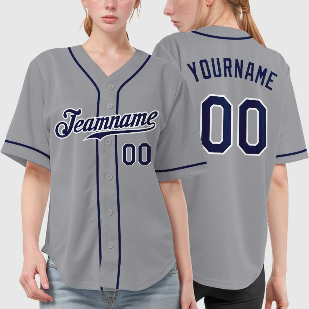 Custom Gray Navy Navy-White Sleeve Baseball Jersey