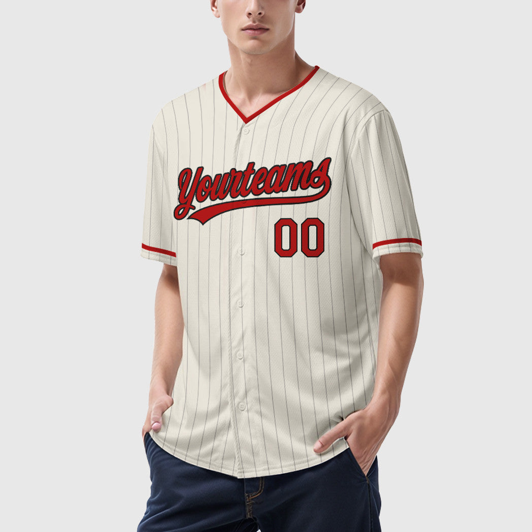 Custom Cream Black Red Pinstripe Baseball Jersey