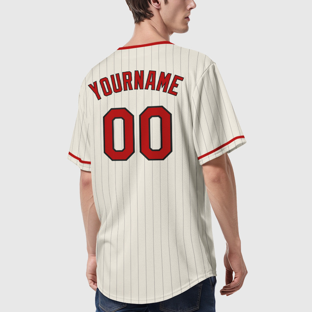 Custom Cream Black Red Pinstripe Baseball Jersey
