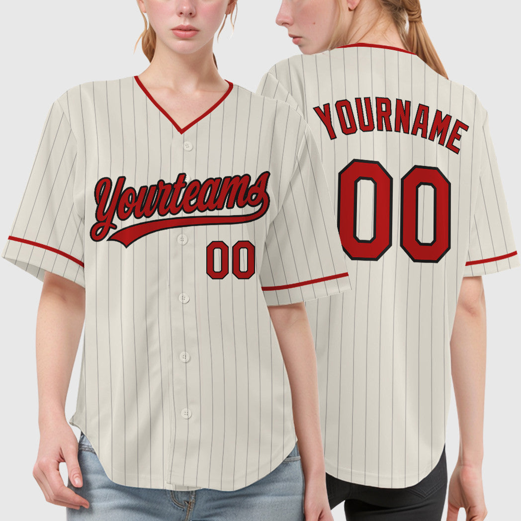 Custom Cream Black Red Pinstripe Baseball Jersey