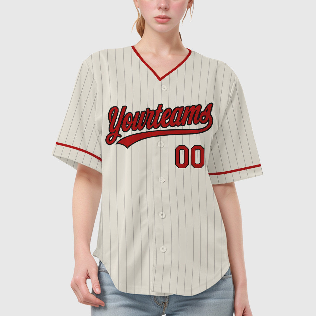 Custom Cream Black Red Pinstripe Baseball Jersey