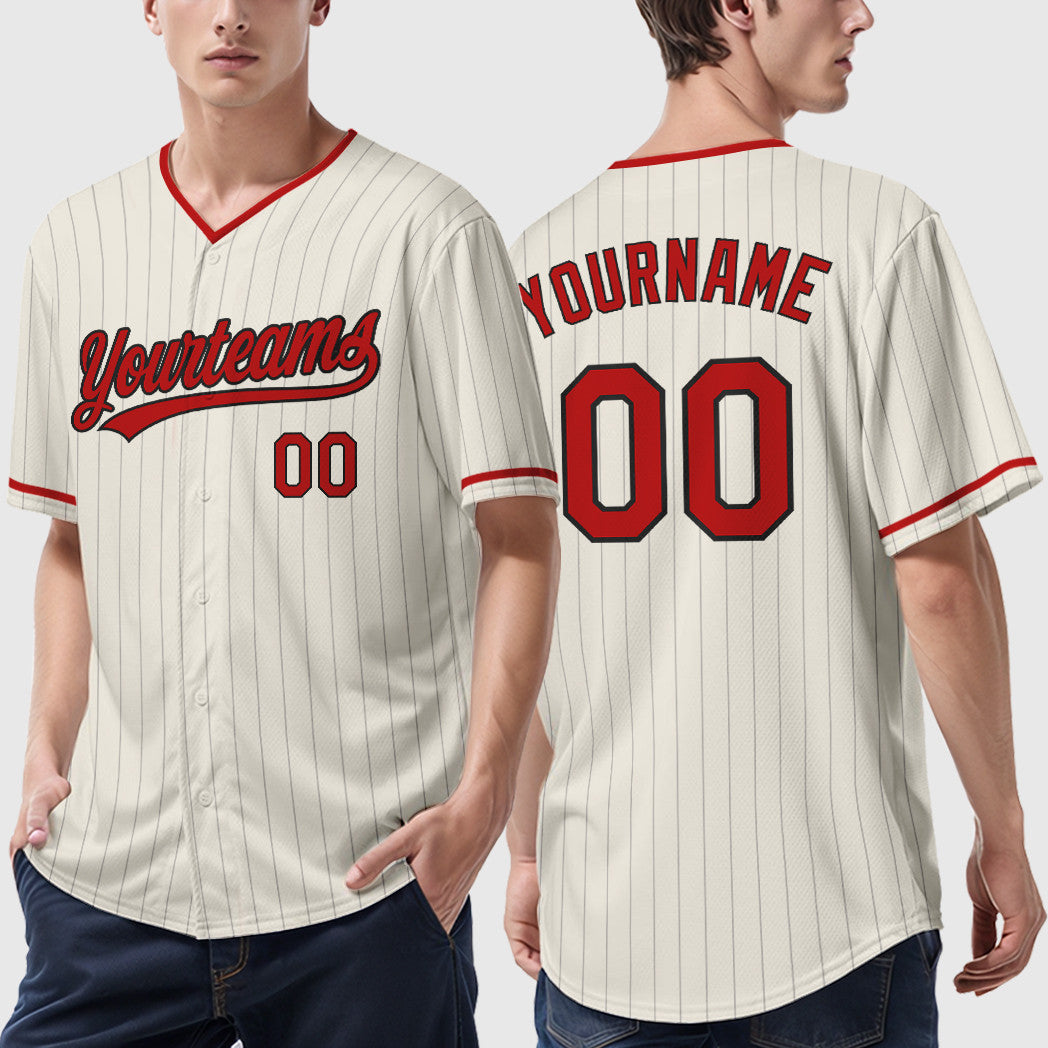 Custom Cream Black Red Pinstripe Baseball Jersey
