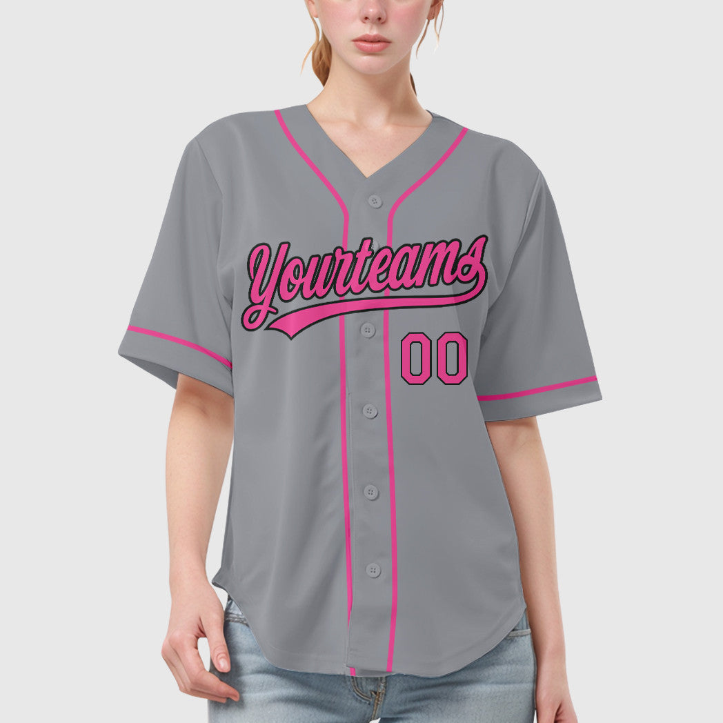 Custom Gray Black Pink Sleeve Baseball Jersey
