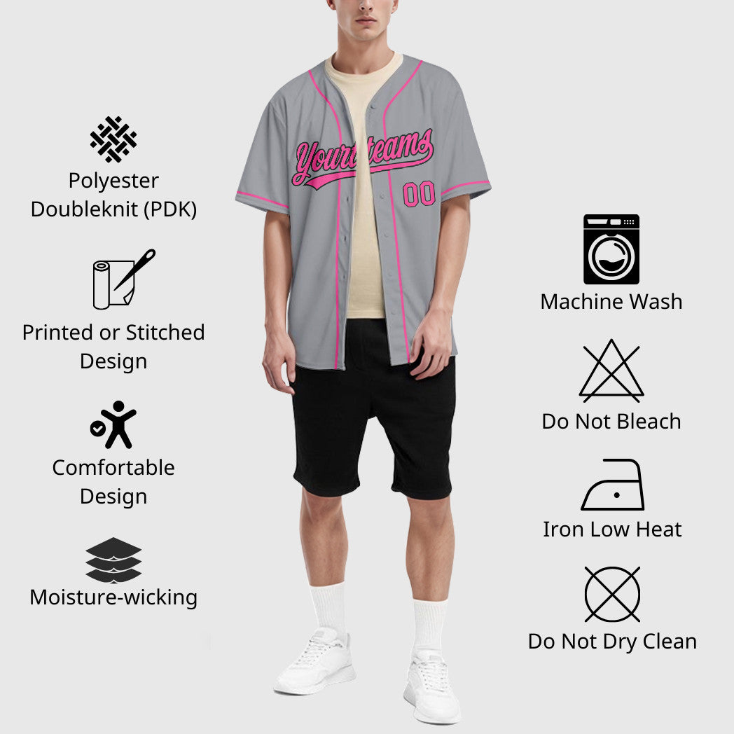 Custom Gray Black Pink Sleeve Baseball Jersey