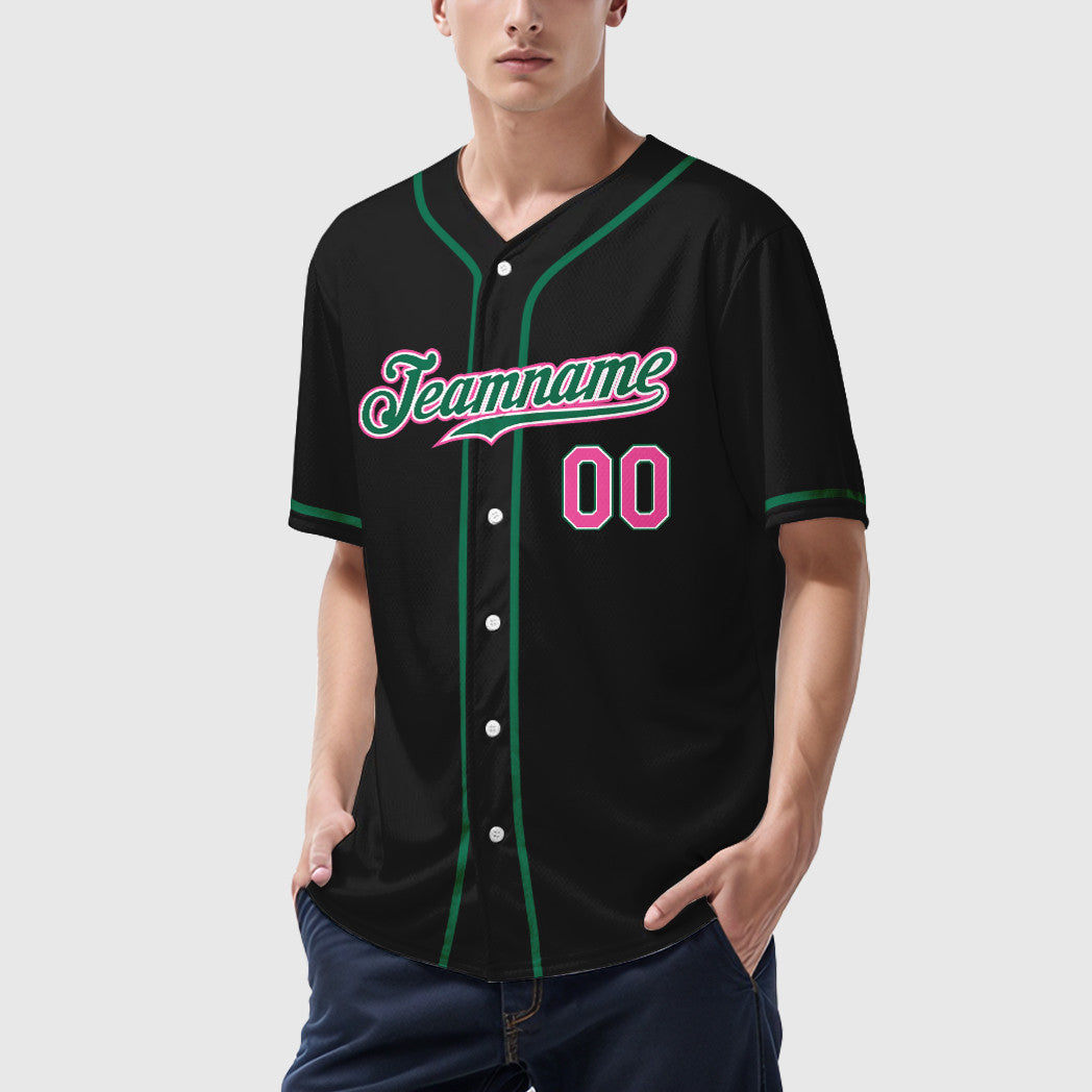 Custom Black Pink Pink-Kelly Green Sleeve Baseball Jersey