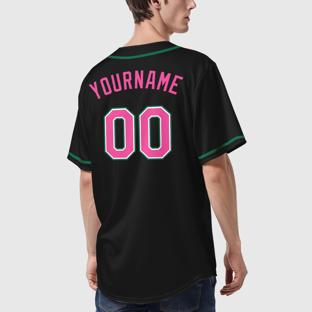 Custom Black Pink Pink-Kelly Green Sleeve Baseball Jersey