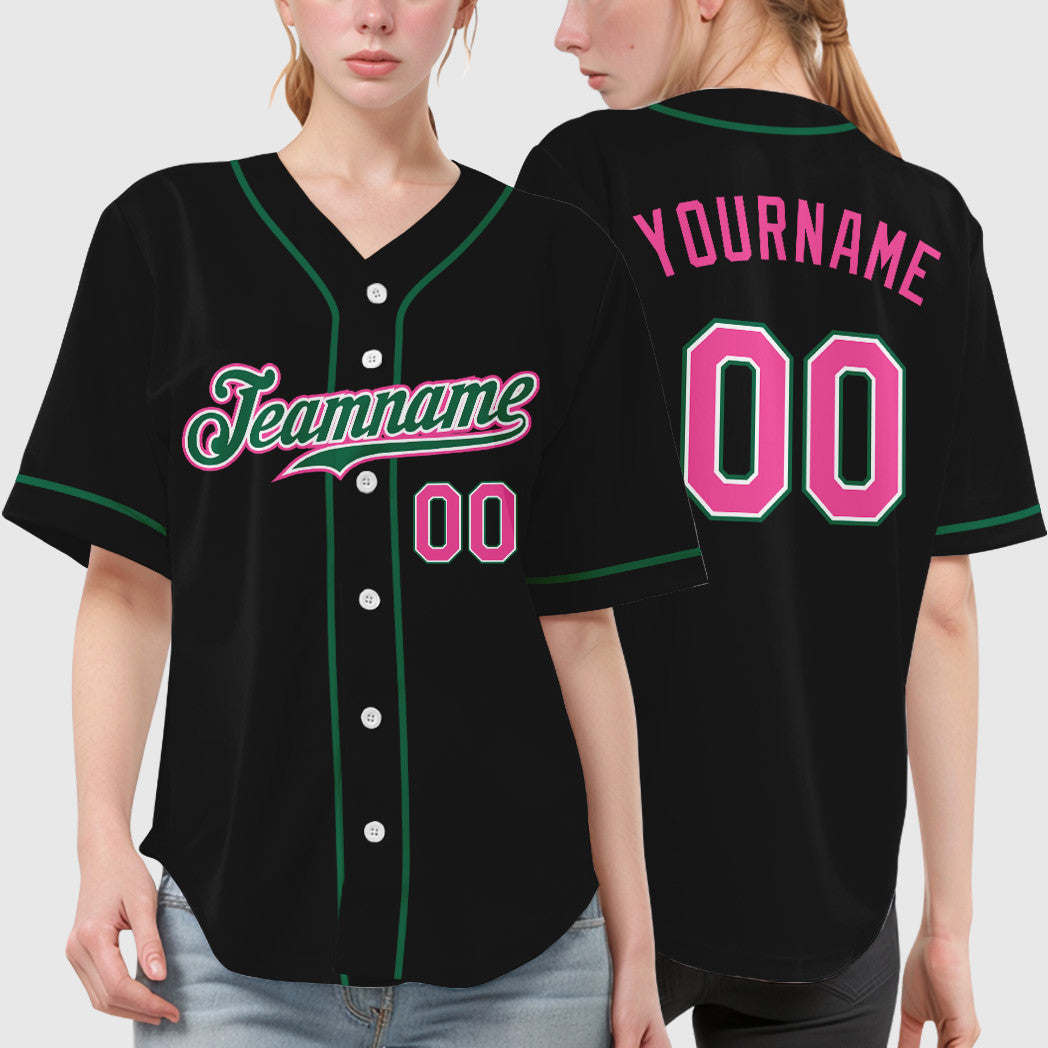 Custom Black Pink Pink-Kelly Green Sleeve Baseball Jersey