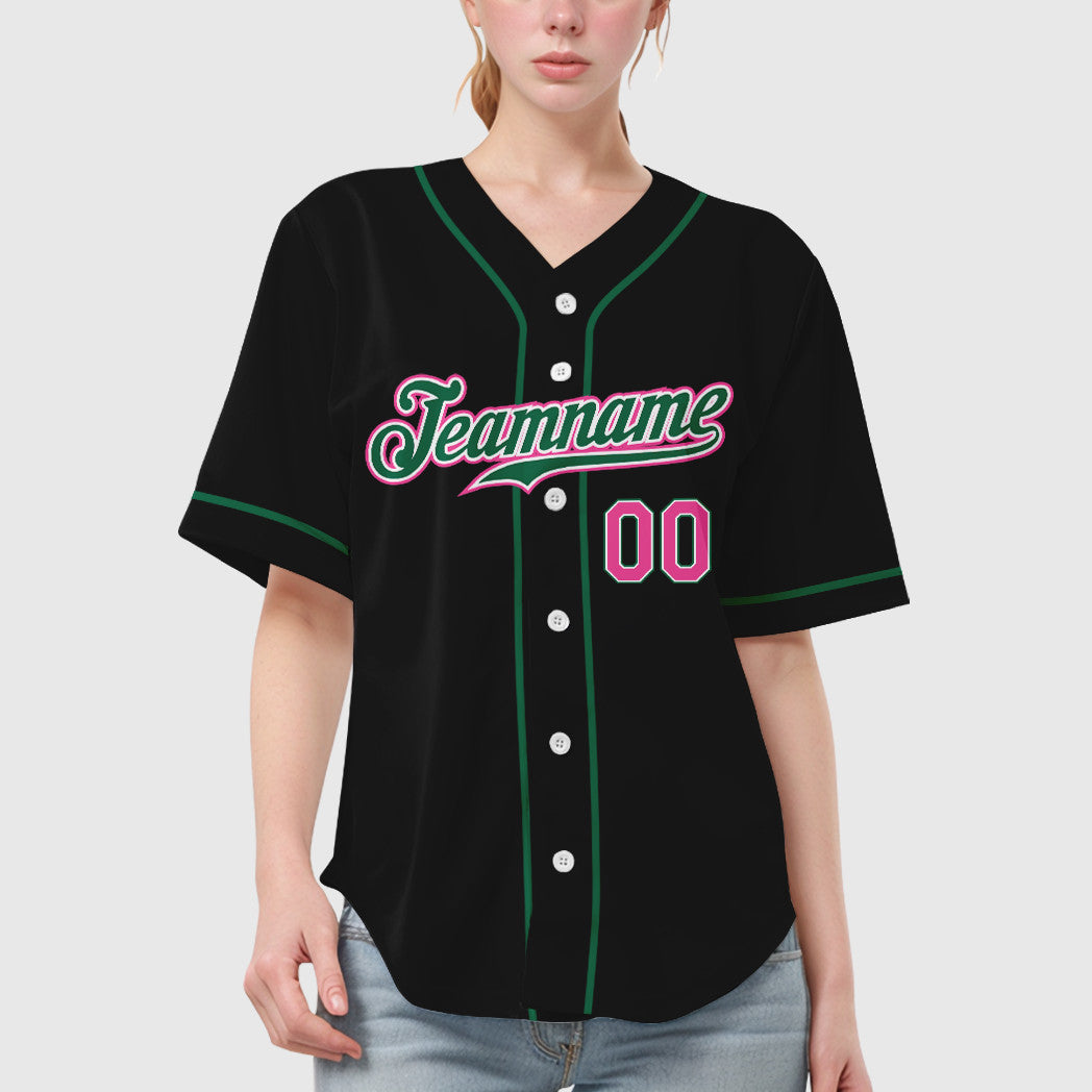 Custom Black Pink Pink-Kelly Green Sleeve Baseball Jersey