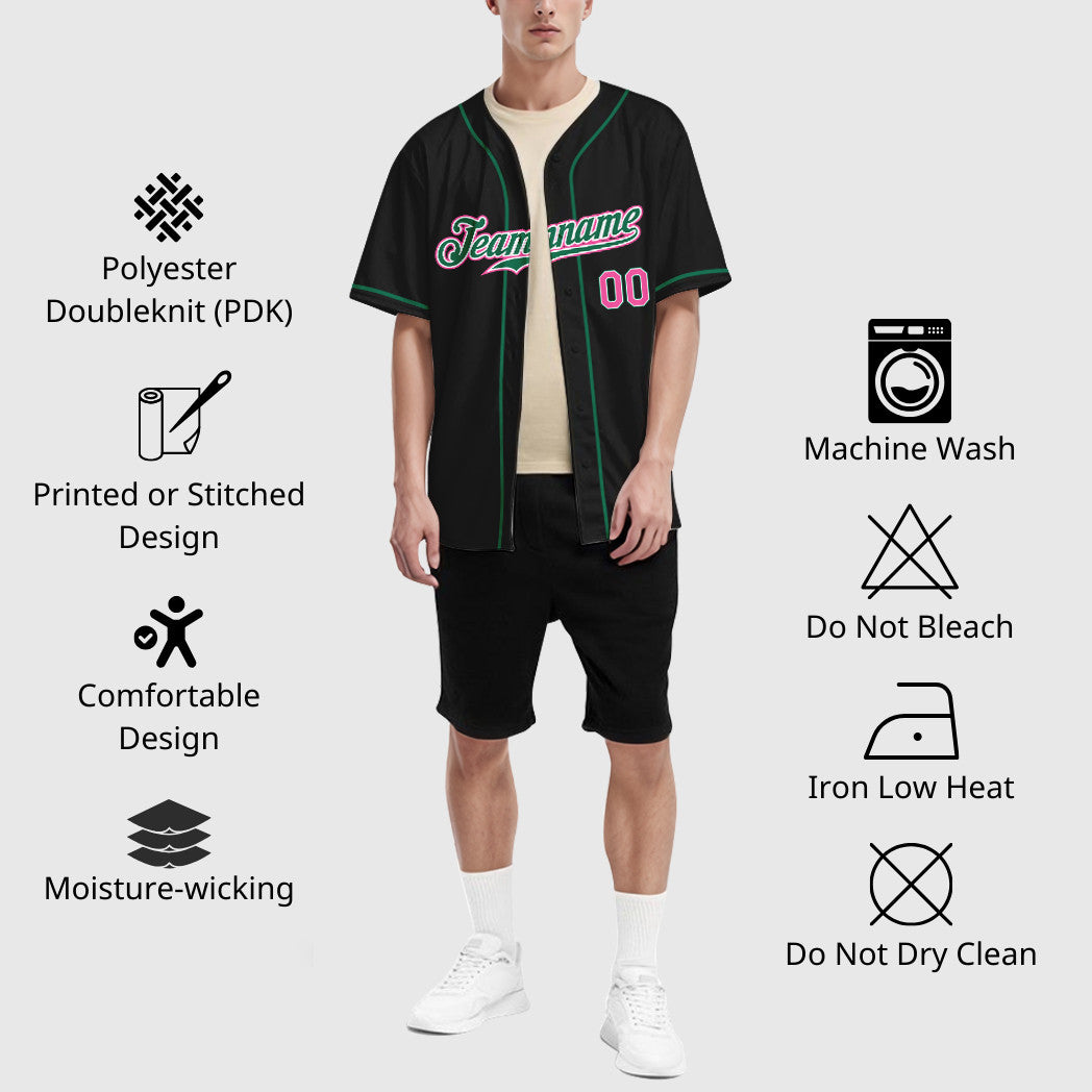 Custom Black Pink Pink-Kelly Green Sleeve Baseball Jersey