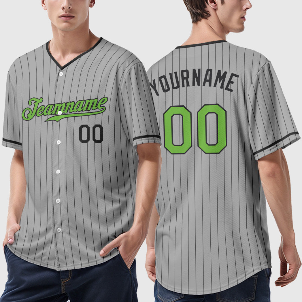 Custom Gray Black Neon Green-Black Pinstripe Baseball Jersey