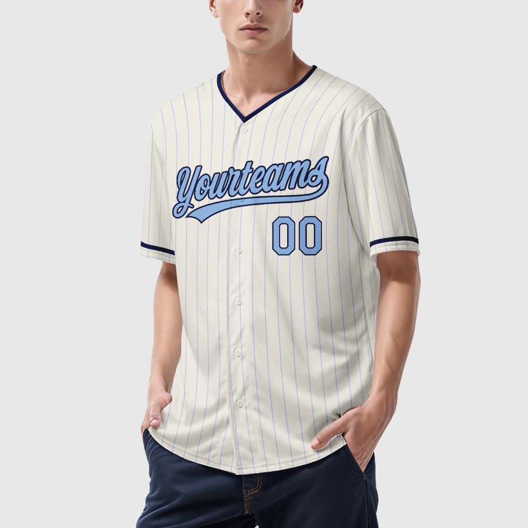 Custom Cream Light Blue Navy Pinstripe Baseball Jersey