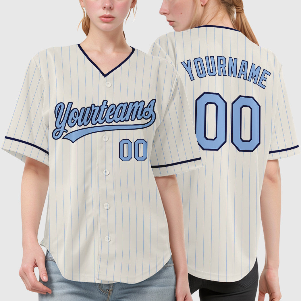 Custom Cream Light Blue Navy Pinstripe Baseball Jersey