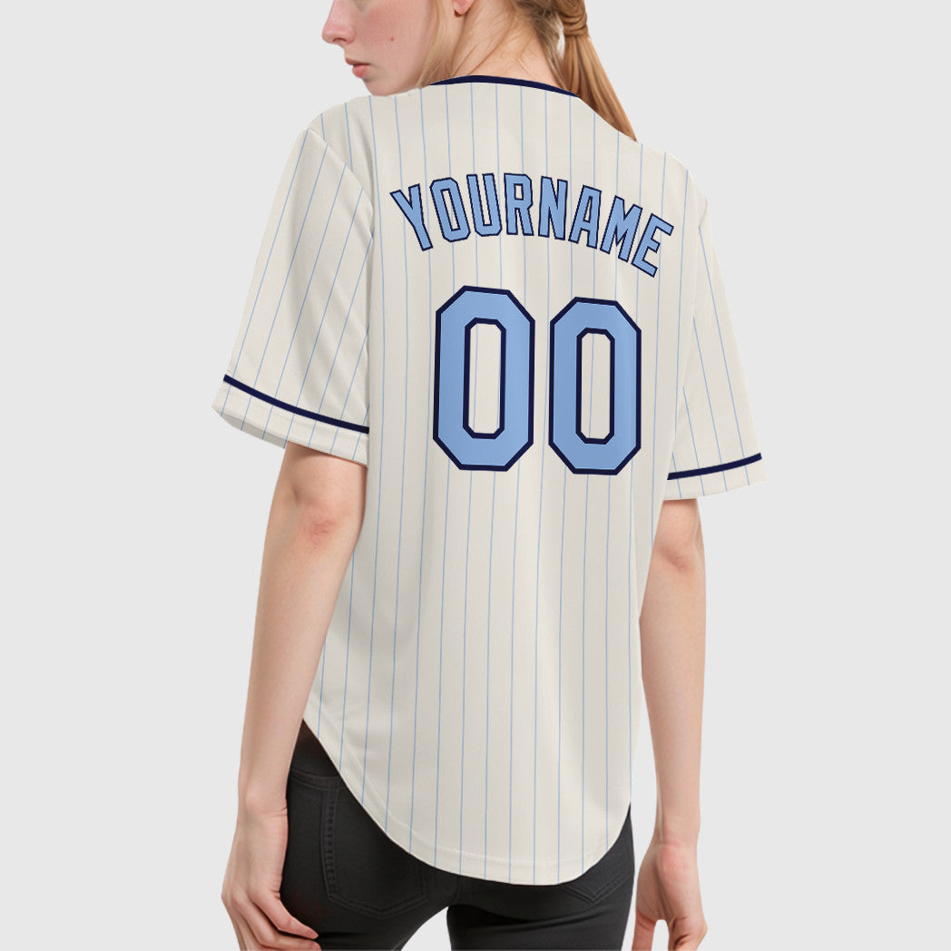 Custom Cream Light Blue Navy Pinstripe Baseball Jersey