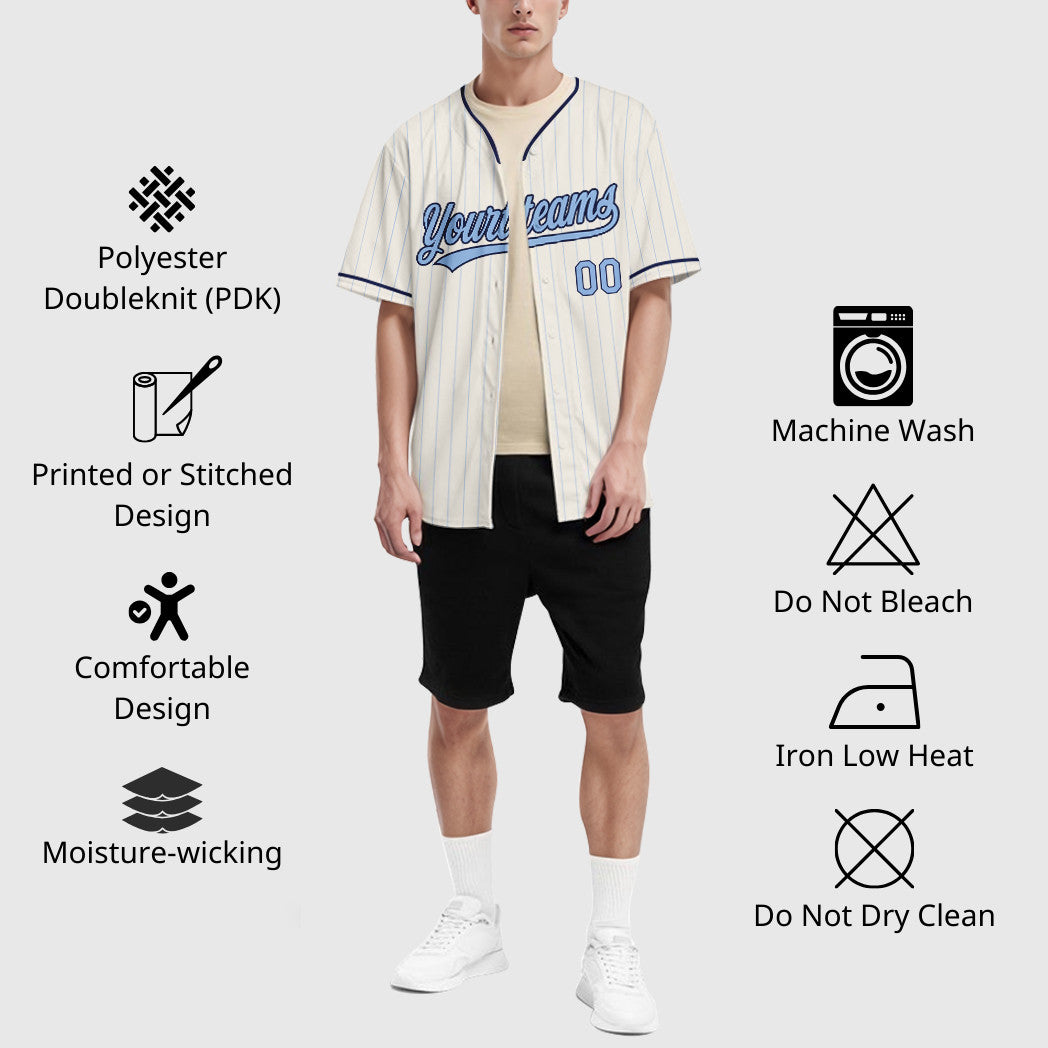 Custom Cream Light Blue Navy Pinstripe Baseball Jersey