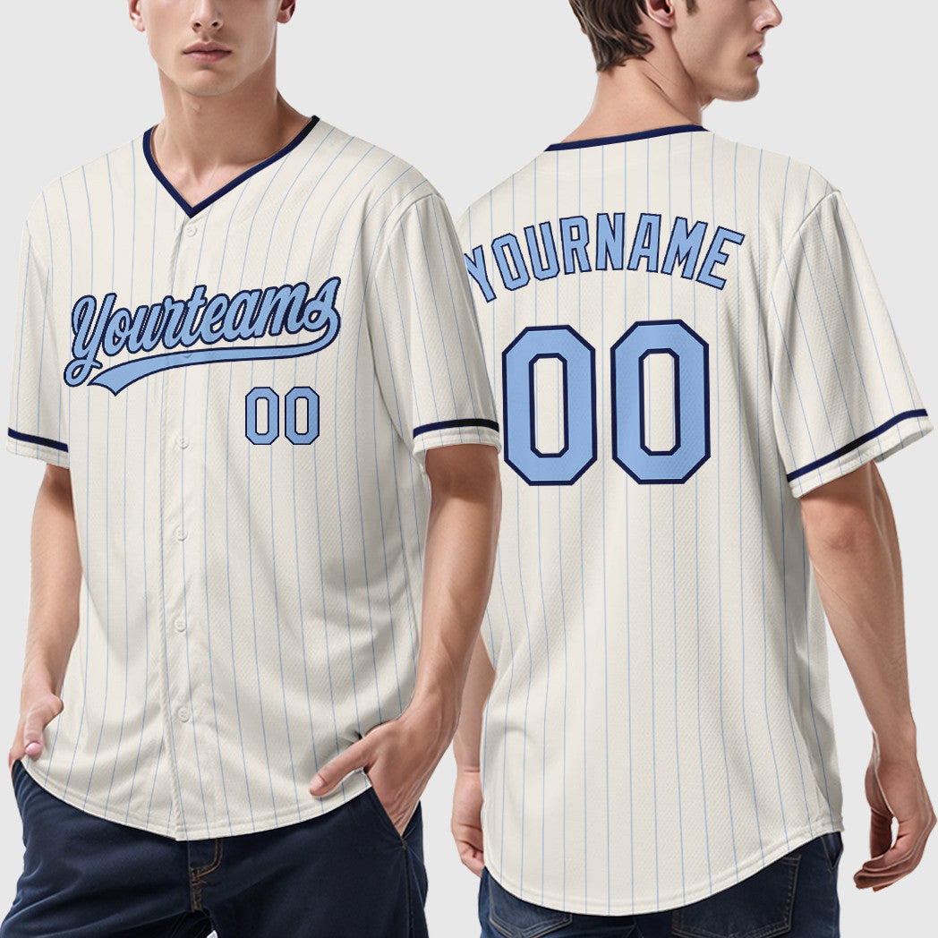 Custom Cream Light Blue Navy Pinstripe Baseball Jersey