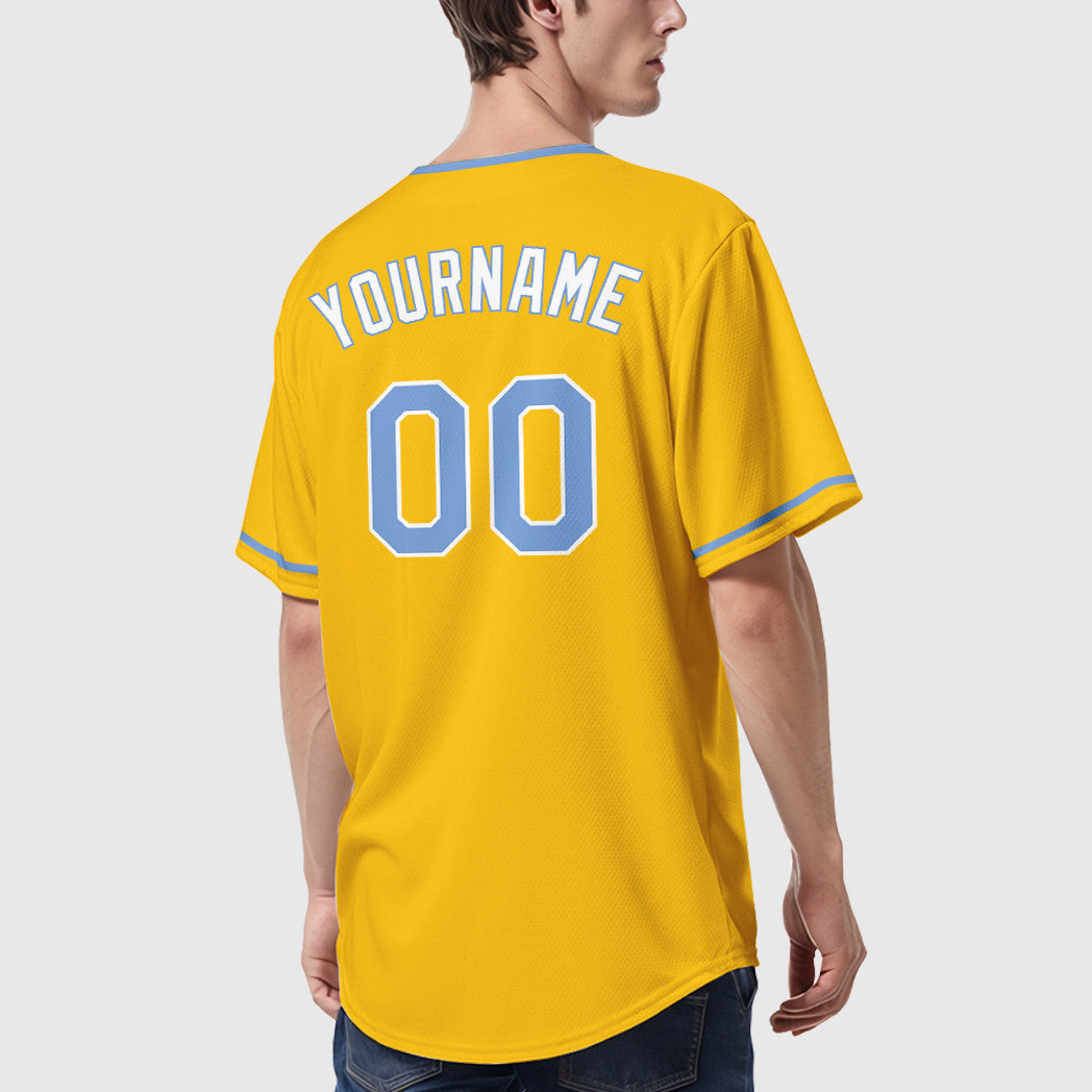 Custom Yellow Light Blue Light Blue-White Collar Sleeve Baseball Jersey