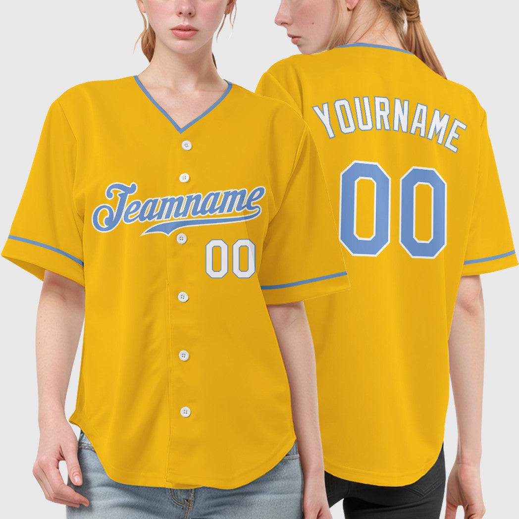 Custom Yellow Light Blue Light Blue-White Collar Sleeve Baseball Jersey